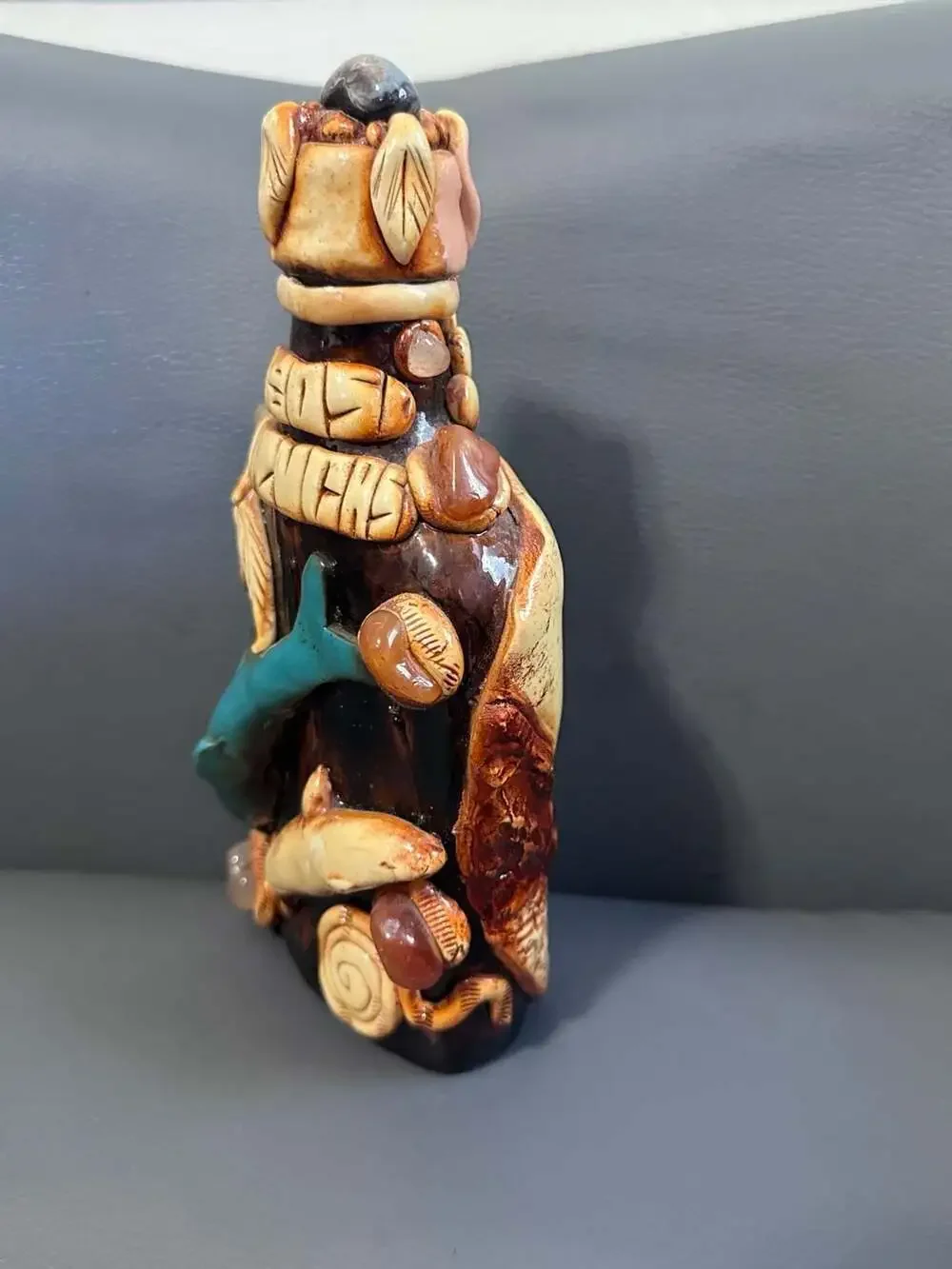Handmade Mexican Aztec/Mayan Style Folk Art Decanter Bottle Dolphin Gem Accents